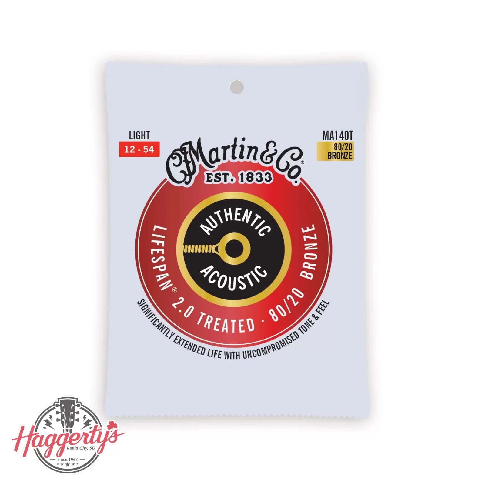 Martin MA140T Authentic Acoustic Lifespan 2.0 Treated 80/20 Bronze Guitar Strings - .012-.054 Light