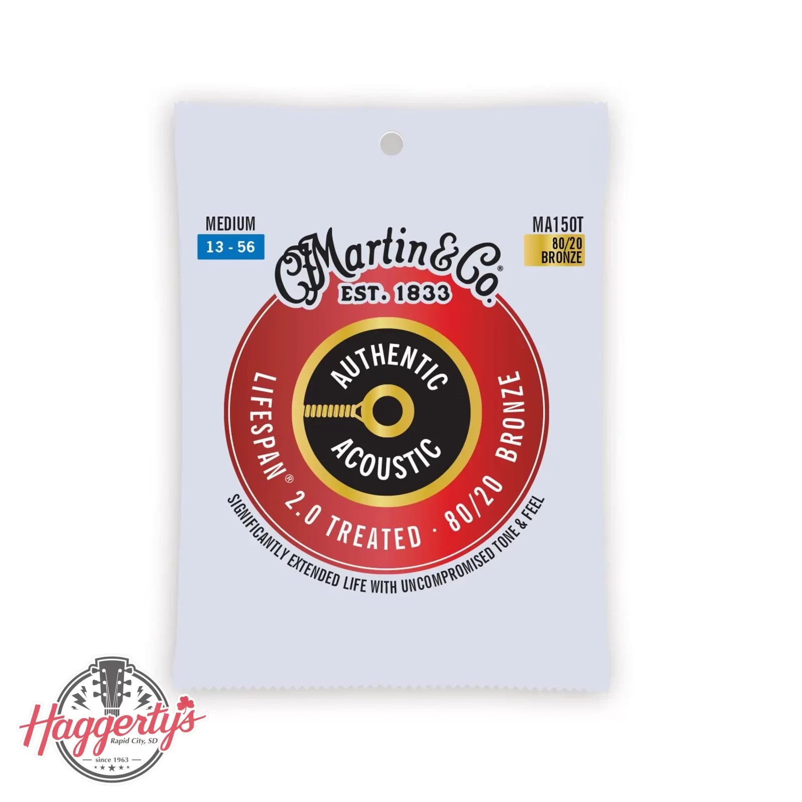 Martin MA150T Authentic Acoustic Lifespan 2.0 Treated 80/20 Bronze Guitar Strings - .013-.056 Medium