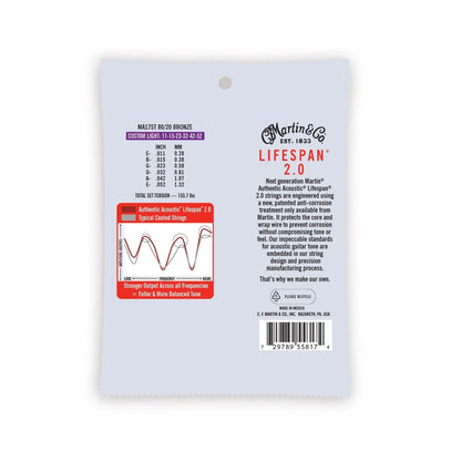 Martin MA175T Authentic Acoustic Lifespan 2.0 Treated 80/20 Bronze Guitar Strings - .011-.052 Custom Light