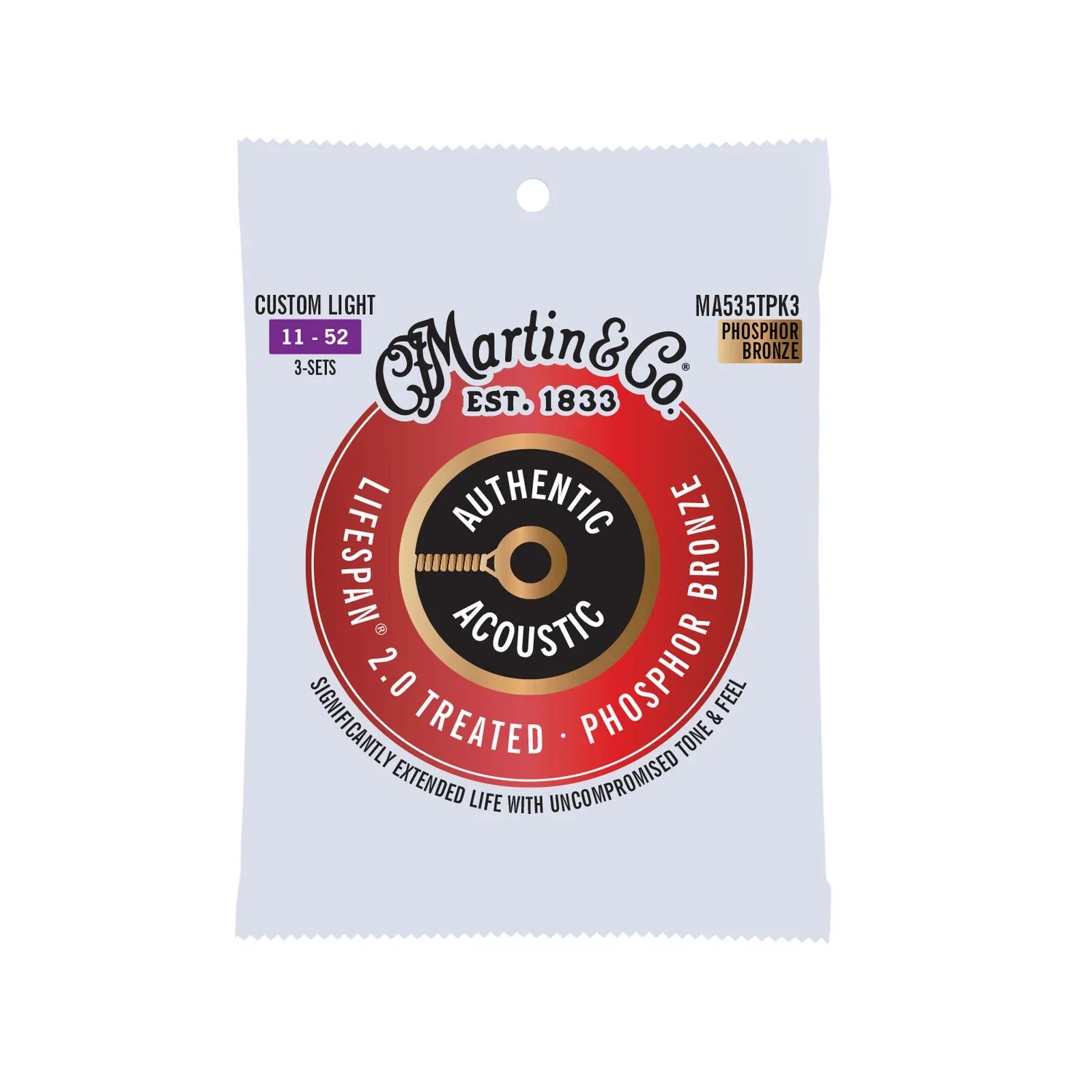 Martin MA535TPK3 Authentic Acoustic Lifespan 2.0 Guitar Strings Phosphor Bronze 11-52 - 3 Pack