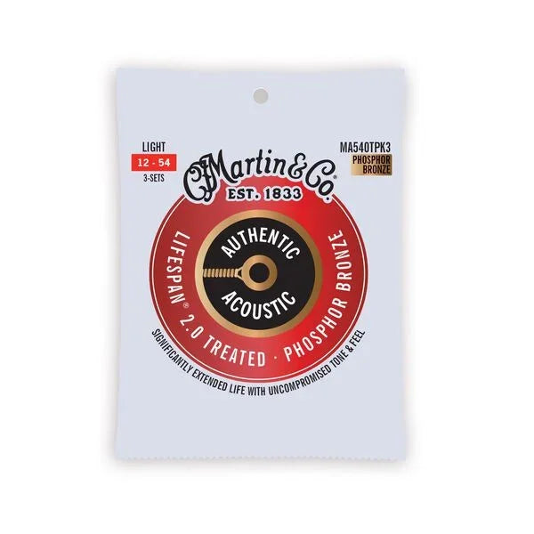 Martin MA540T Authentic Acoustic Lifespan 2.0 Treated 92/8 Phosphor Bronze Guitar Strings 12-54 - 3 Pack