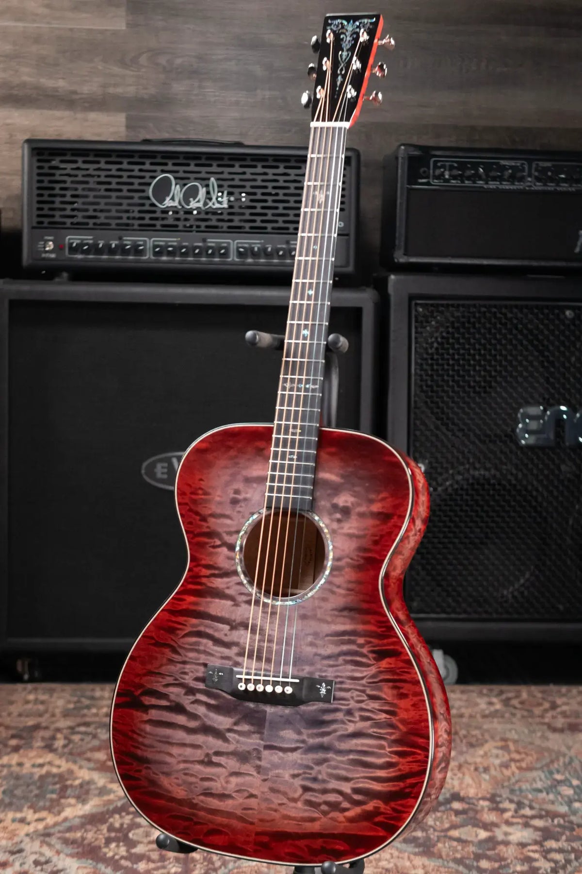 Martin Custom Shop Style 45 OM-14F Acoustic Guitar - Quilted Maple Charcoal Cherry Burst with Hardshell Case
