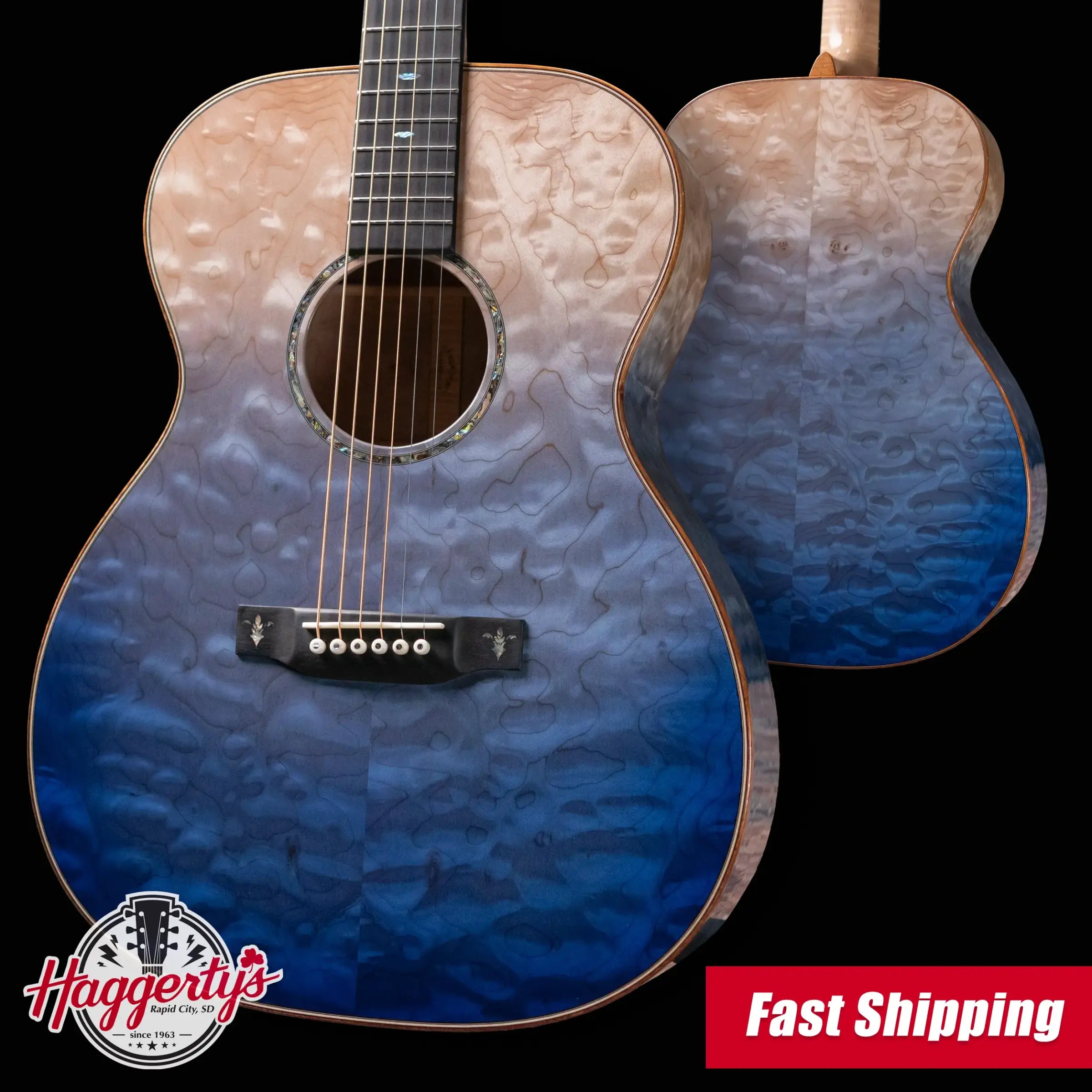 Martin Custom Shop Style 45 OM-14F Acoustic Guitar - Quilted Maple,  Blue Ocean Fade Burst with Hardshell Case