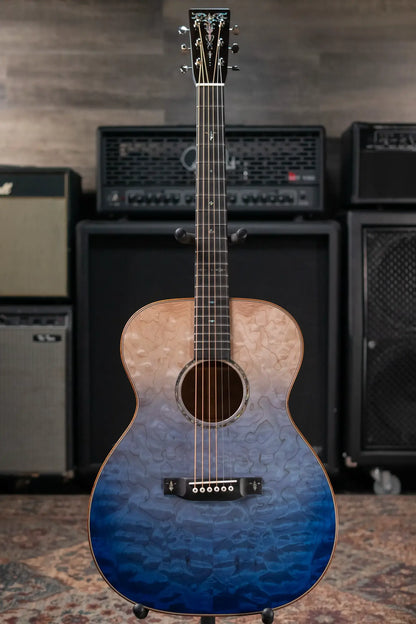 Martin Custom Shop Style 45 OM-14F Acoustic Guitar - Quilted Maple,  Blue Ocean Fade Burst with Hardshell Case