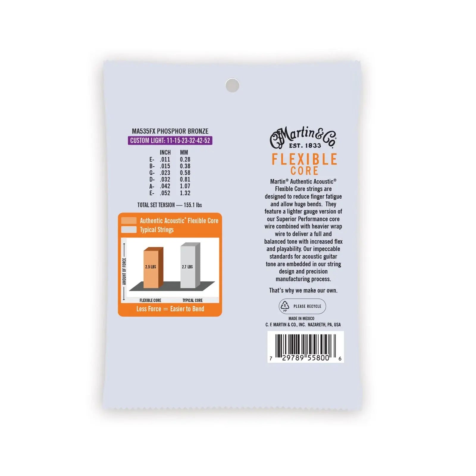Martin MA535FX Custom Light 11-52 Phosphor Bronze Flexible Core Acoustic Guitar Strings