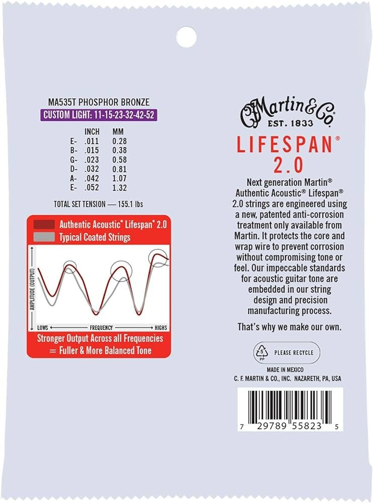 Martin MA535T Authentic Acoustic Lifespan 2.0 Phosphor Bronze Acoustic String Set .011-.052