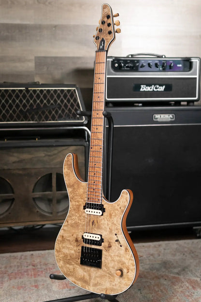 Mayones NAMM 2025 Regius 4Ever 6 – Master Grade Myrtlewood Burl with Mayones HISCOX Case