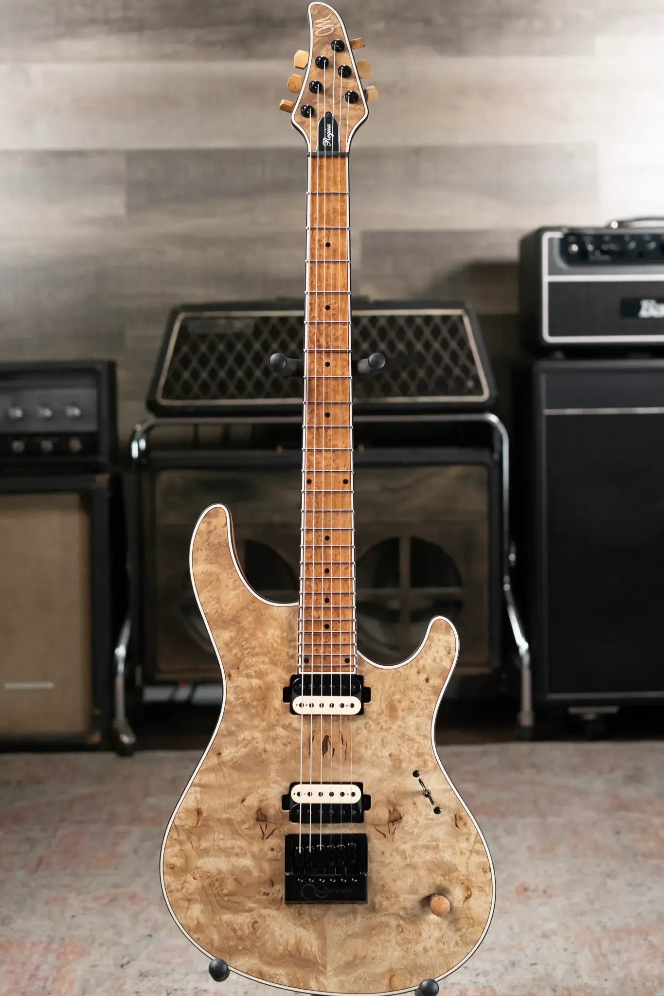 Mayones NAMM 2025 Regius 4Ever 6 – Master Grade Myrtlewood Burl with Mayones HISCOX Case