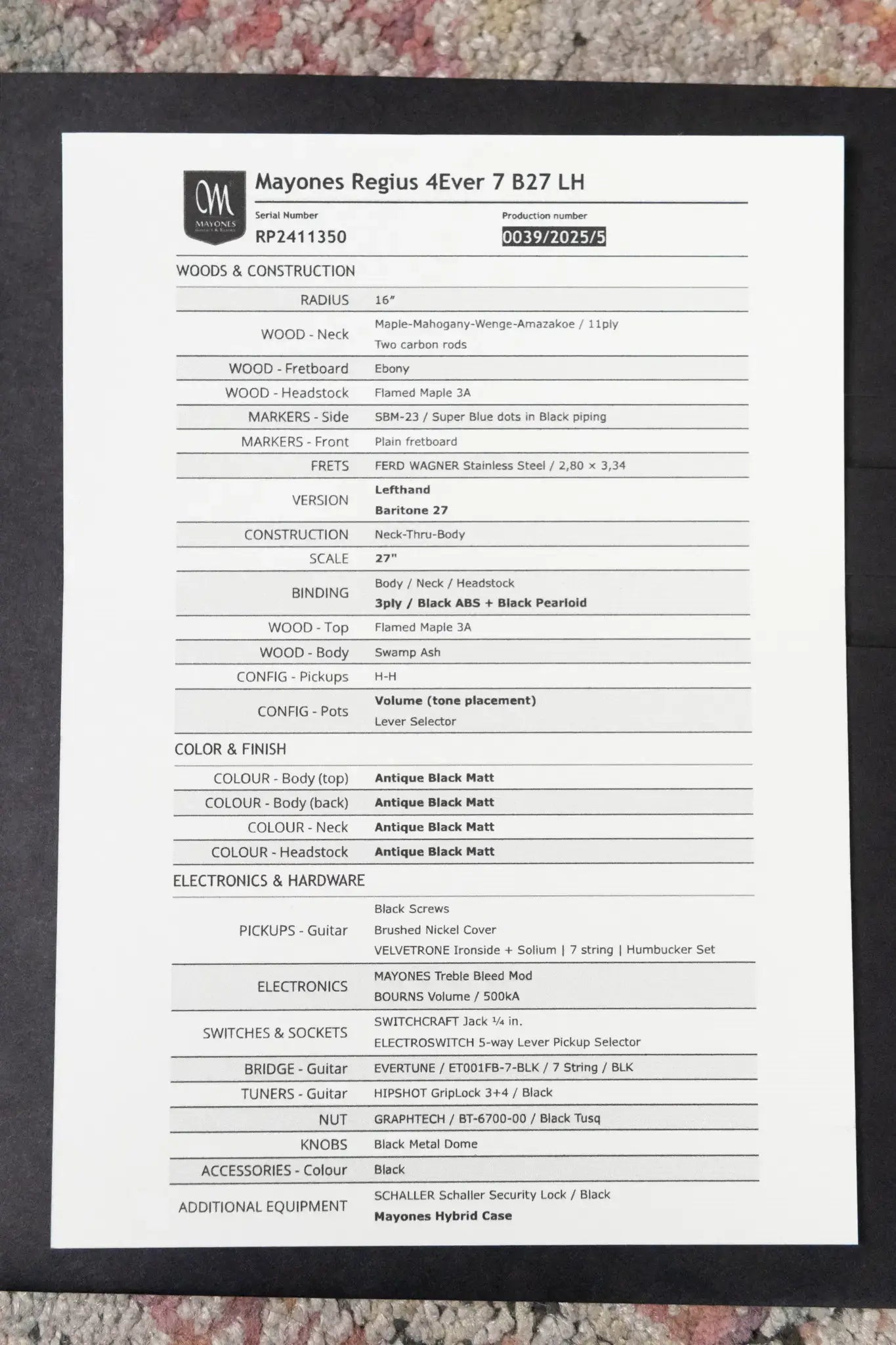 Mayones Regius 4Ever 7 Left Handed Electric Guitar - Antique Black