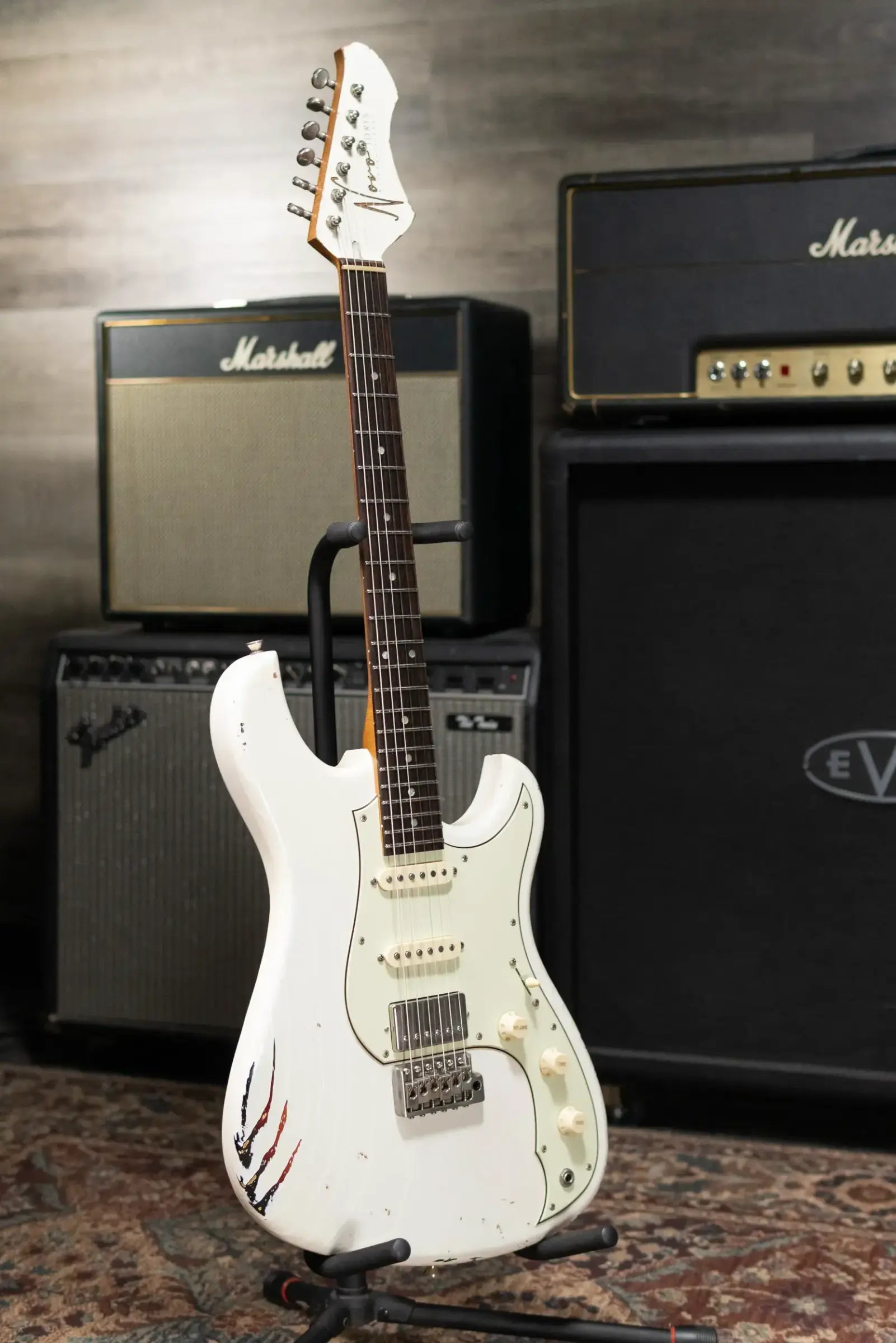Novo Custom Idris HSS Electric Guitar - Olympic White over '64 3-Tone Burst with Gig Bag