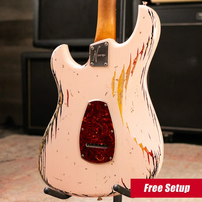 Novo Custom Idris HSS Electric Guitar - Shell Pink over '64 3-Tone Burst with Softshell Gig Bag
