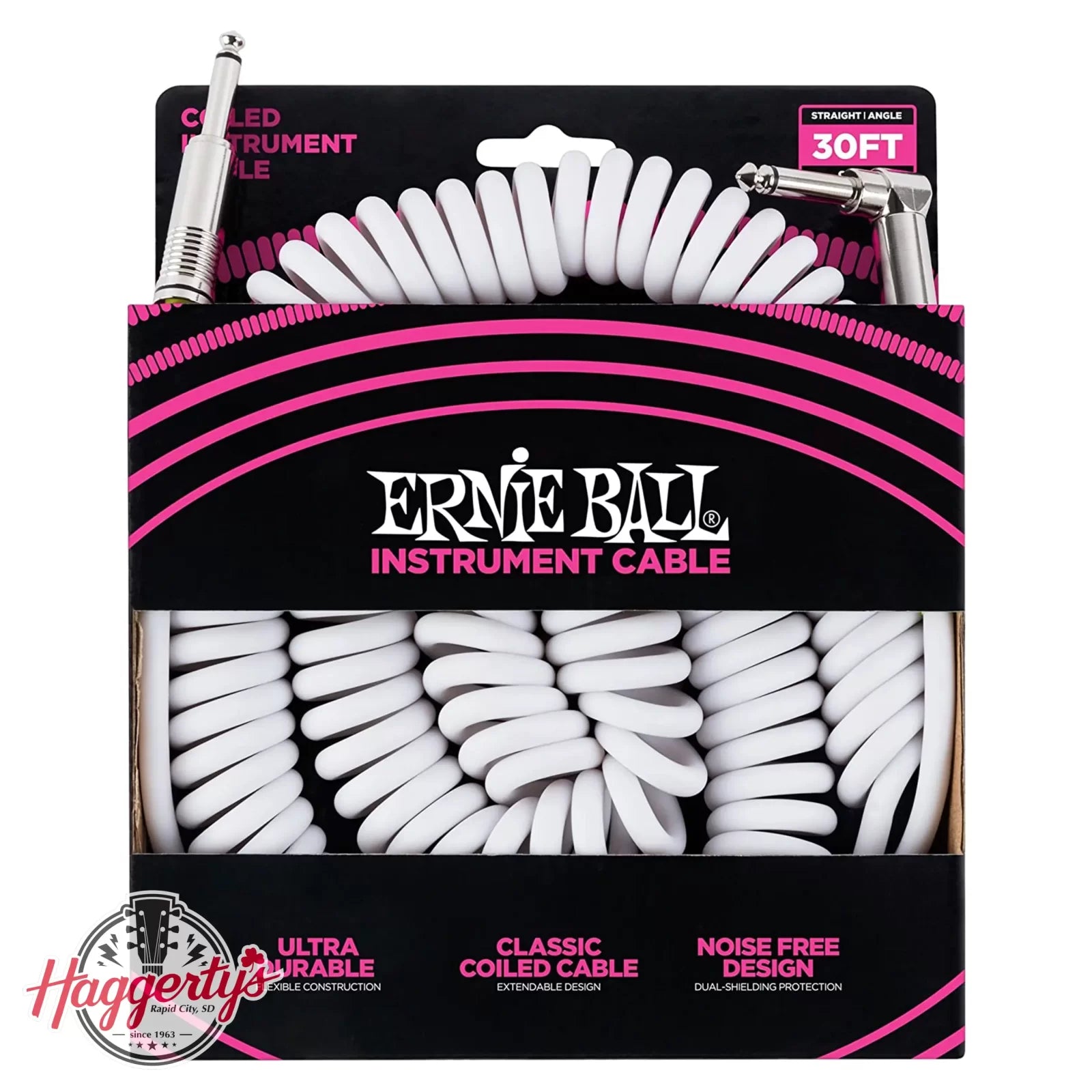 Ernie Ball P06045 30ft Coiled Instrument Cable Straight/Angle White