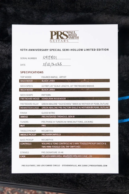 PRS 40th Anniversary Limited Edition Special Semi-Hollow Artist Top Electric Guitar - Faded Whale Blue with Hardshell Case