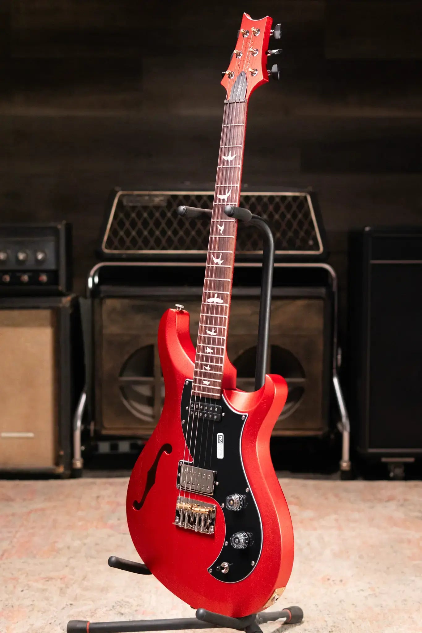 PRS S2 Vela Semi-Hollow Satin Electric Guitar - Red Apple Metallic with Gig Bag