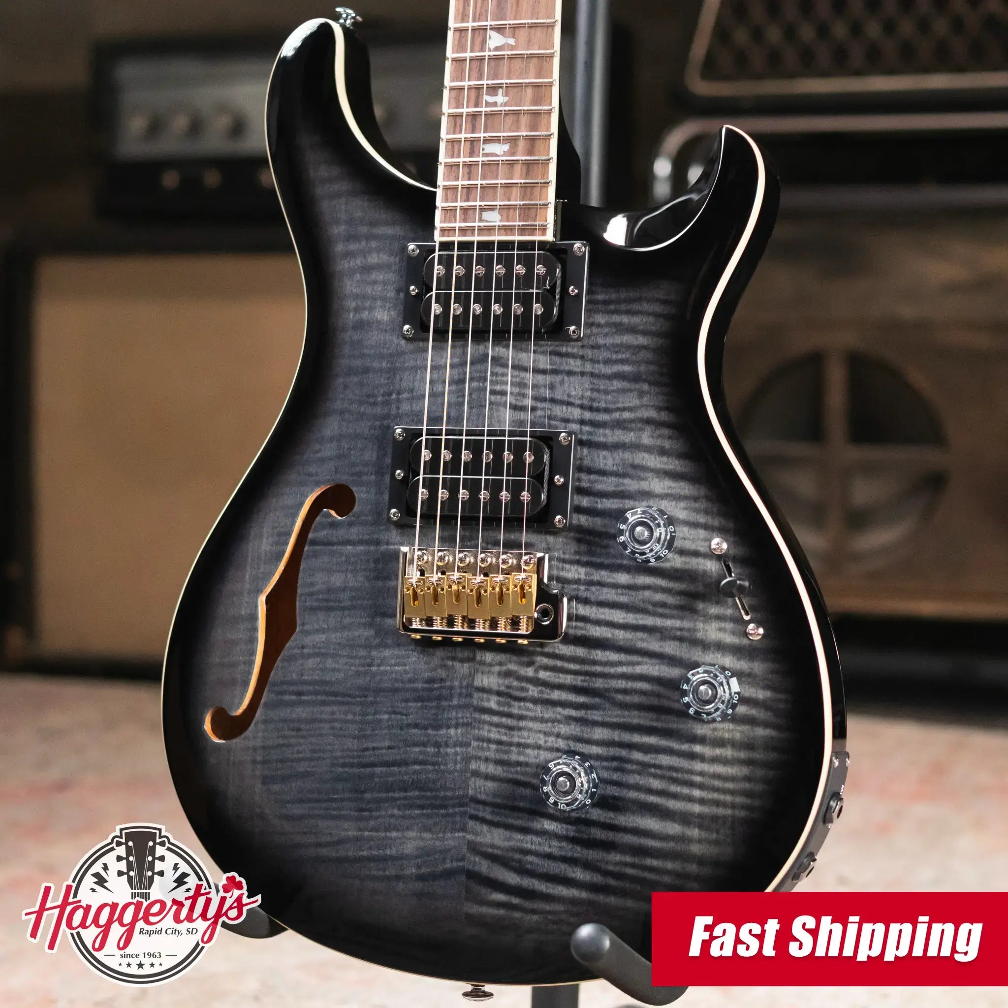 PRS SE Custom 24 Semi-Hollow Piezo Electric Guitar - Charcoal Burst with Gig Bag
