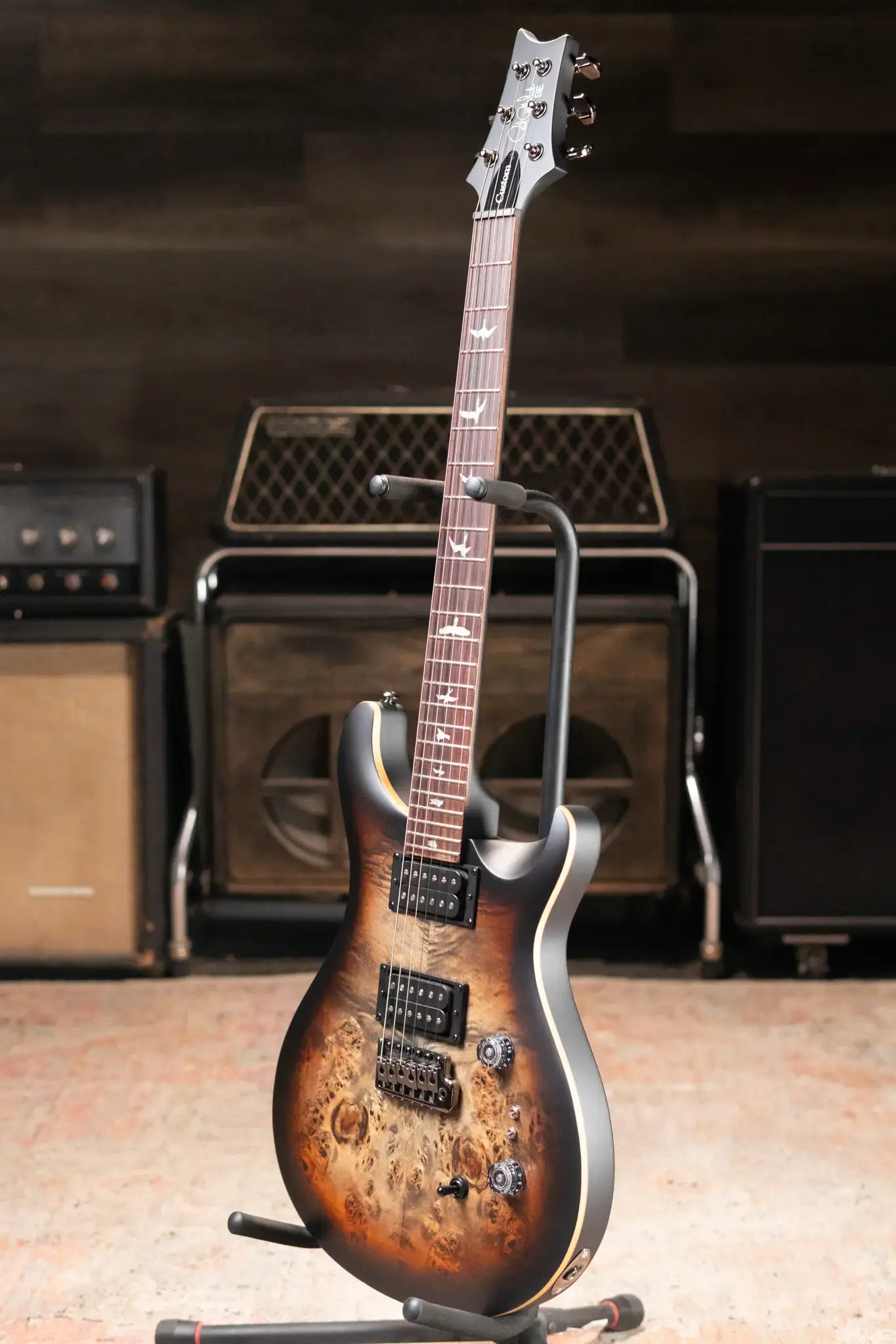 PRS SE "Exotic" Custom 24-08 Poplar Burl Electric Guitar - Charcoal Cherry Midnight Burst with Gig Bag