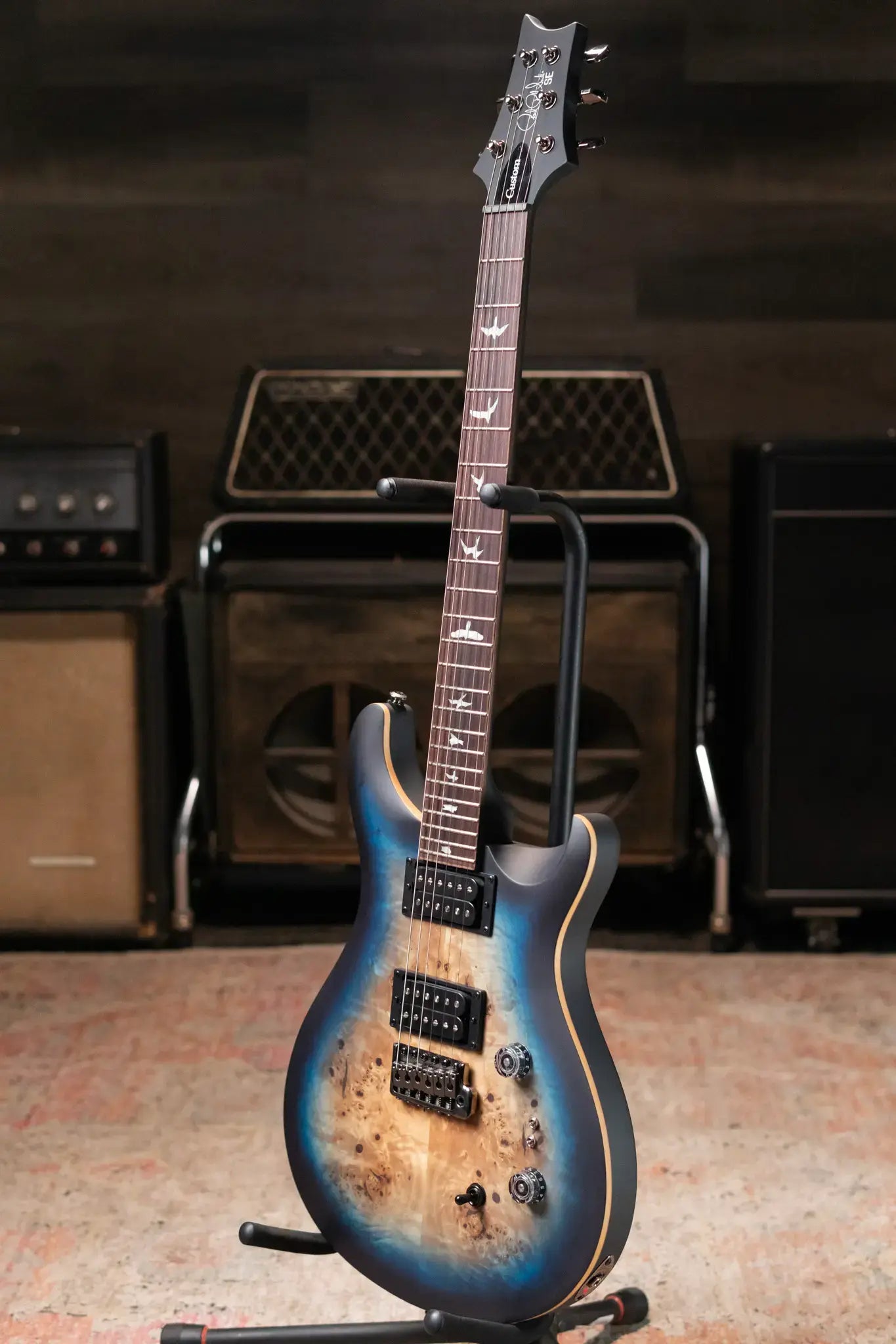 PRS SE "Exotic" Custom 24-08 Poplar Burl Electric Guitar - Lake Blue Midnight Burst with Gig Bag