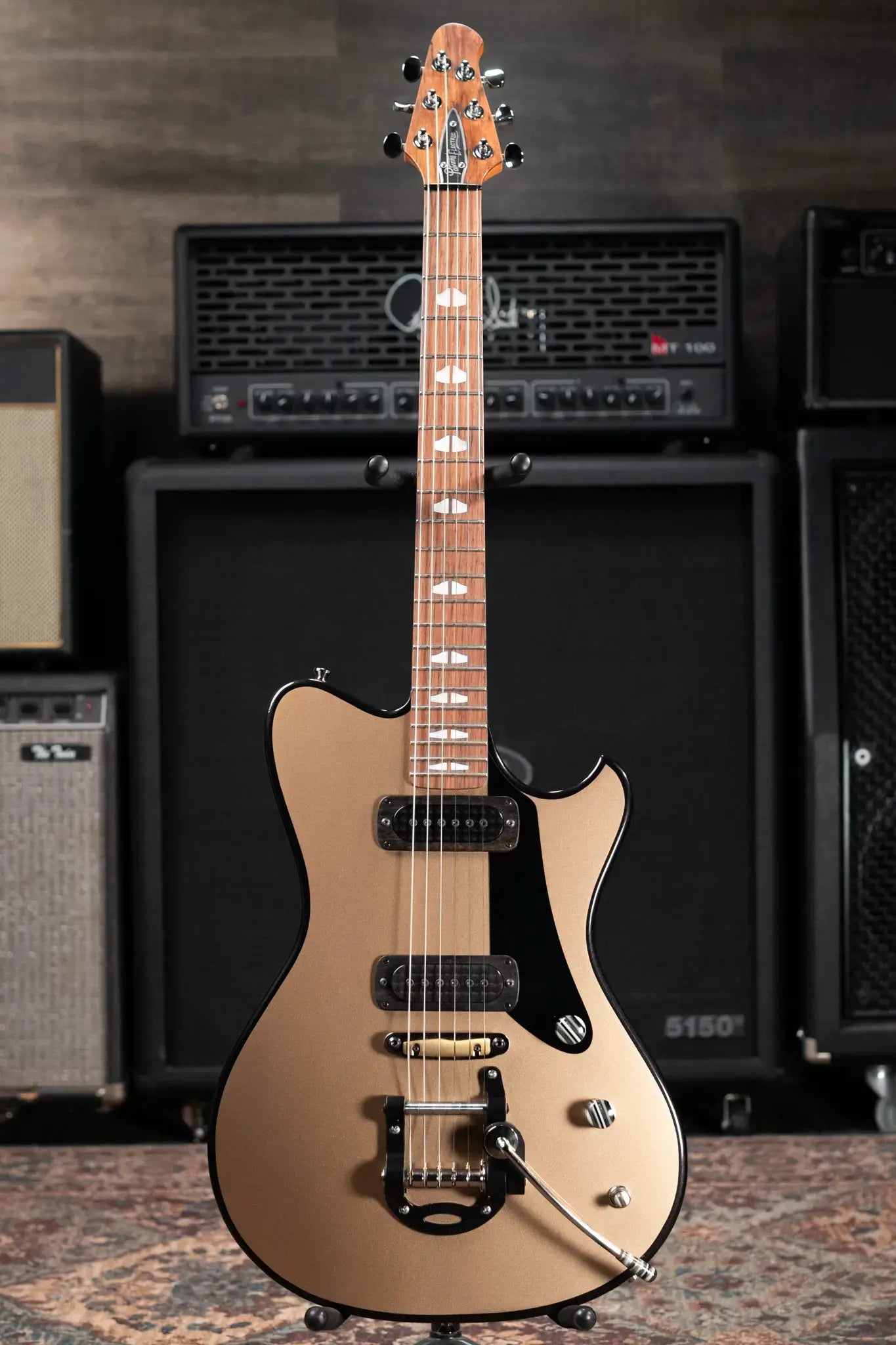 Powers Electric A-Type FF42 Hollow Body Electric Guitar - Casablanca Beige/Black Metallic with Gig Bag