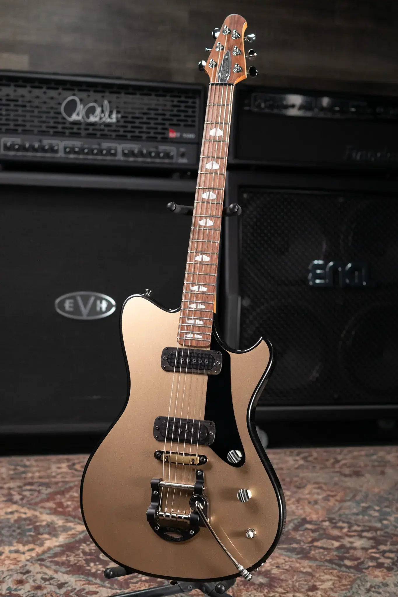 Powers Electric A-Type FF42 Hollow Body Electric Guitar - Casablanca Beige/Black Metallic with Gig Bag