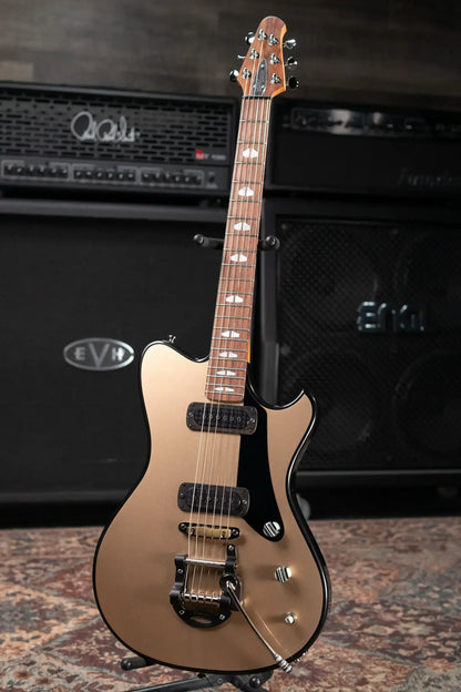 Powers Electric A-Type FF42 Hollow Body Electric Guitar - Casablanca Beige/Black Metallic with Gig Bag