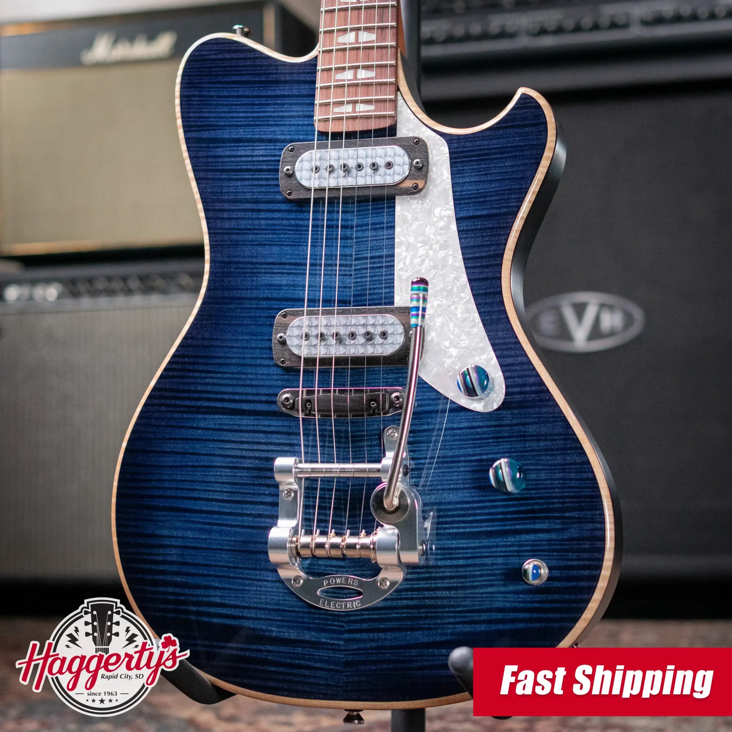 Powers Electric A-Type FF42 Hollow Body Electric Guitar - Twillight Blue with Gig Bag