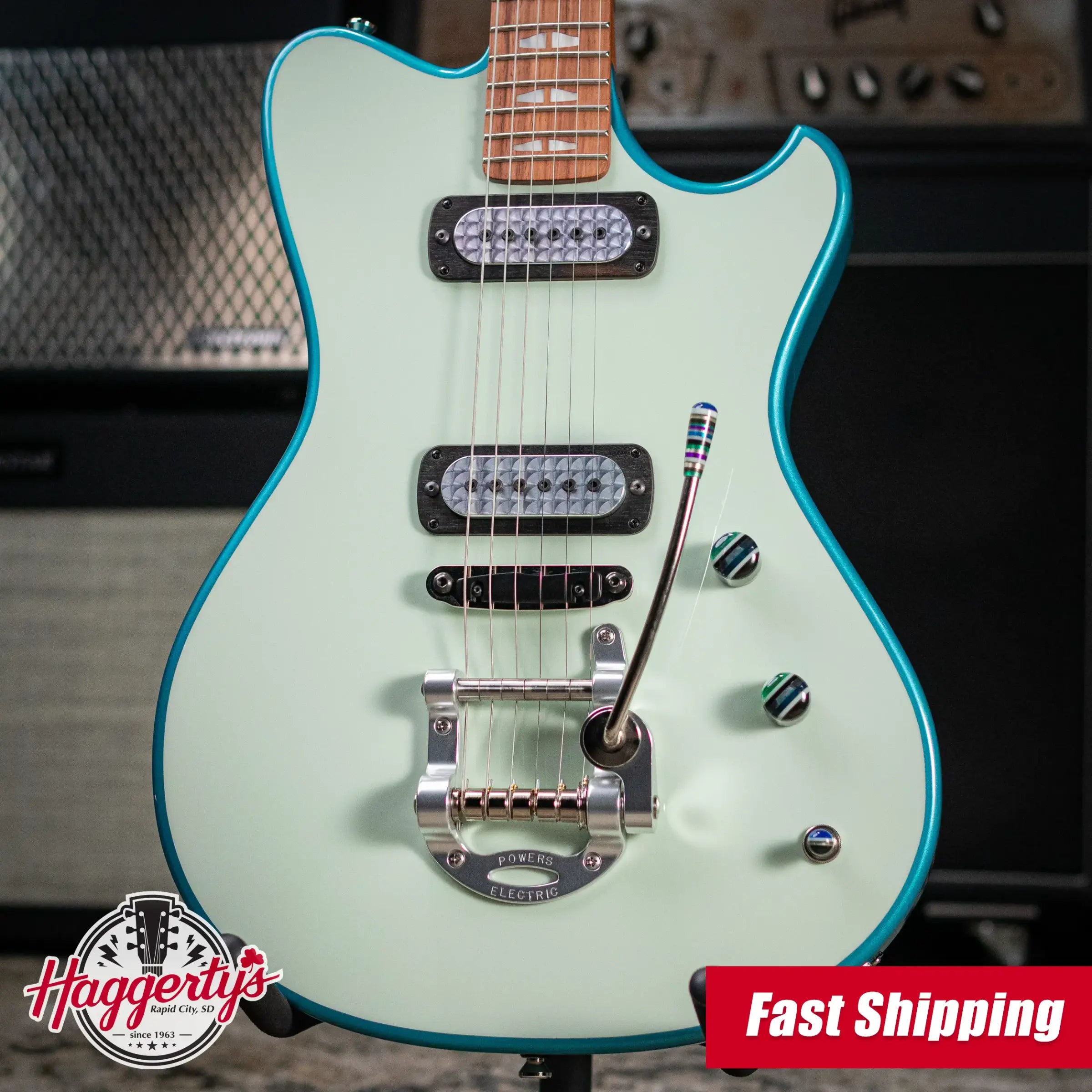 Powers Electric A-Type FF42 Hollow Body Electric Guitar - Vintage Glacier White/Tourmaline Green with Gig Bag