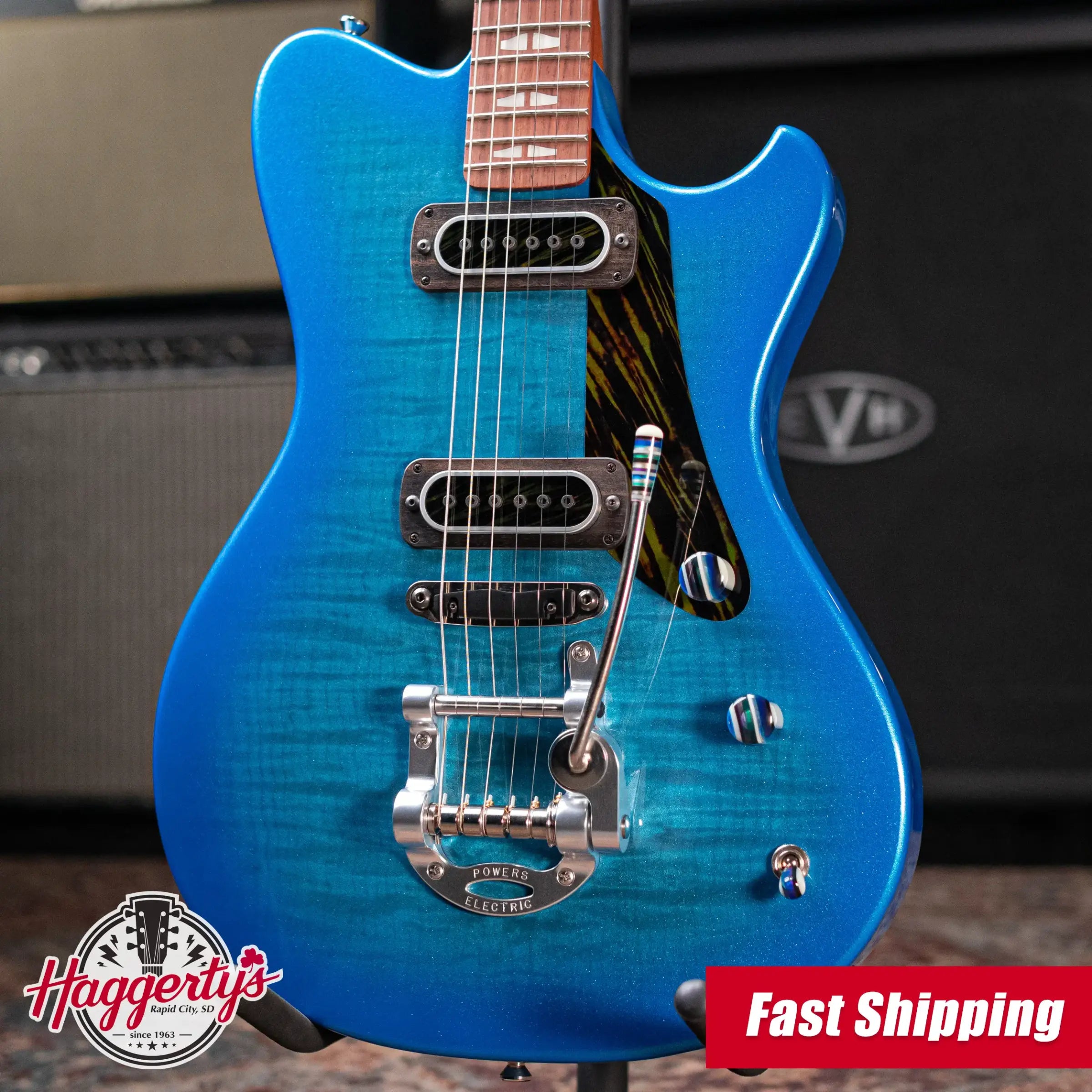 Powers Electric A-Type PF42 Hollow Body Electric Guitar - Cruise Night Blue Ghost Flame with Gig Bag