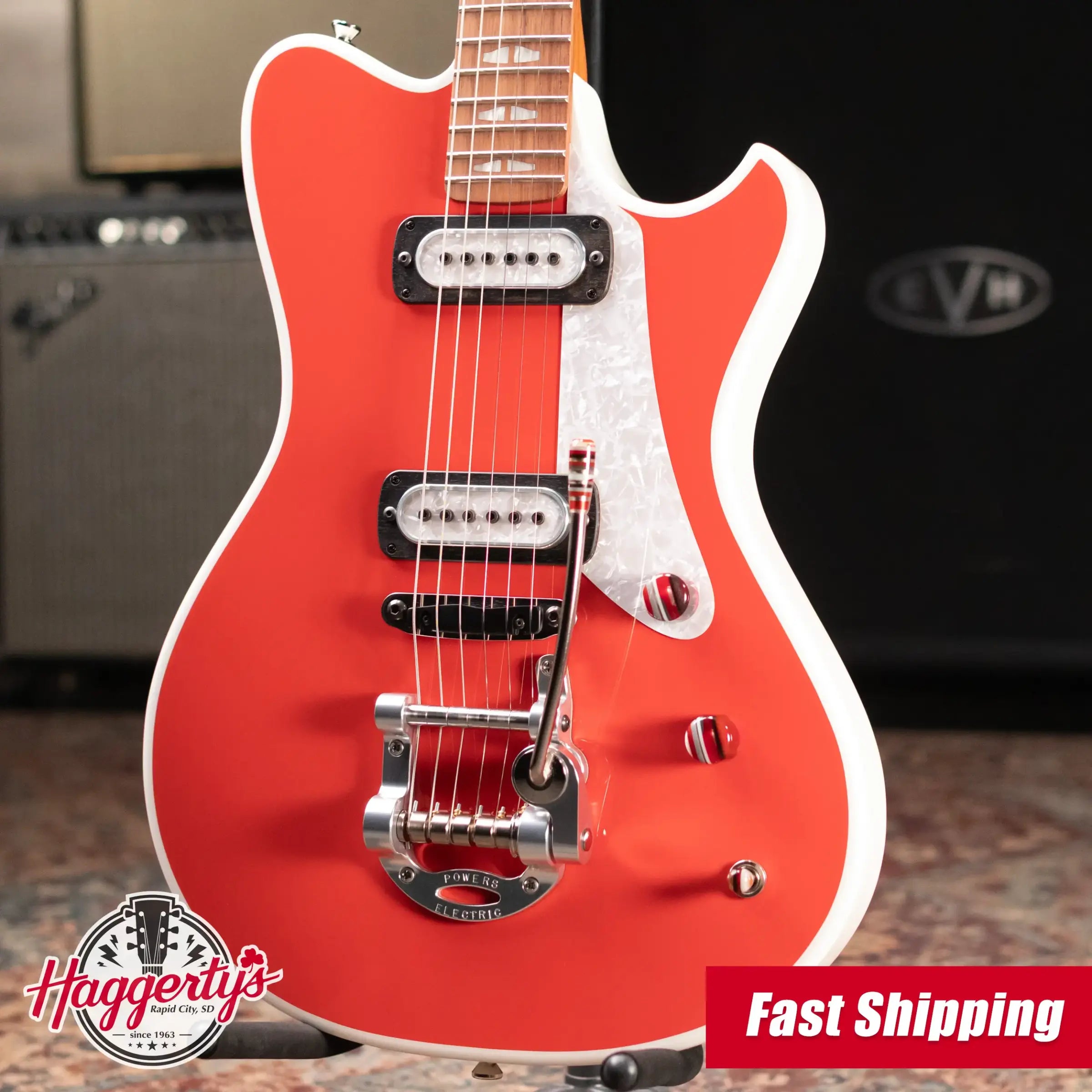 Powers Electric A-Type PF42 Hollow Body Electric Guitar - Geranium Red/Pearl White with Gig Bag