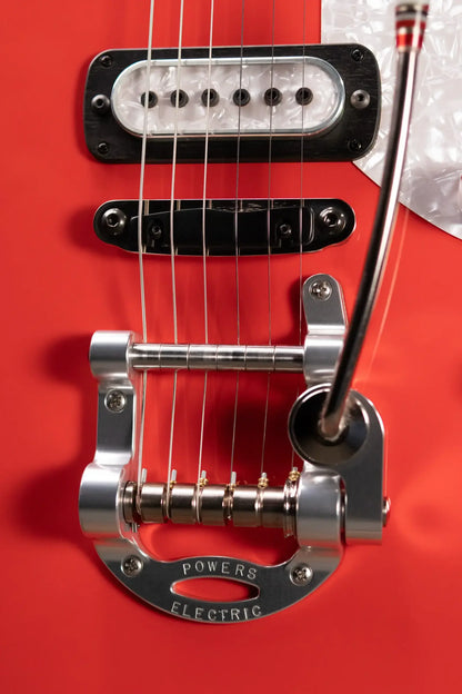 Powers Electric A-Type PF42 Hollow Body Electric Guitar - Geranium Red/Pearl White with Gig Bag