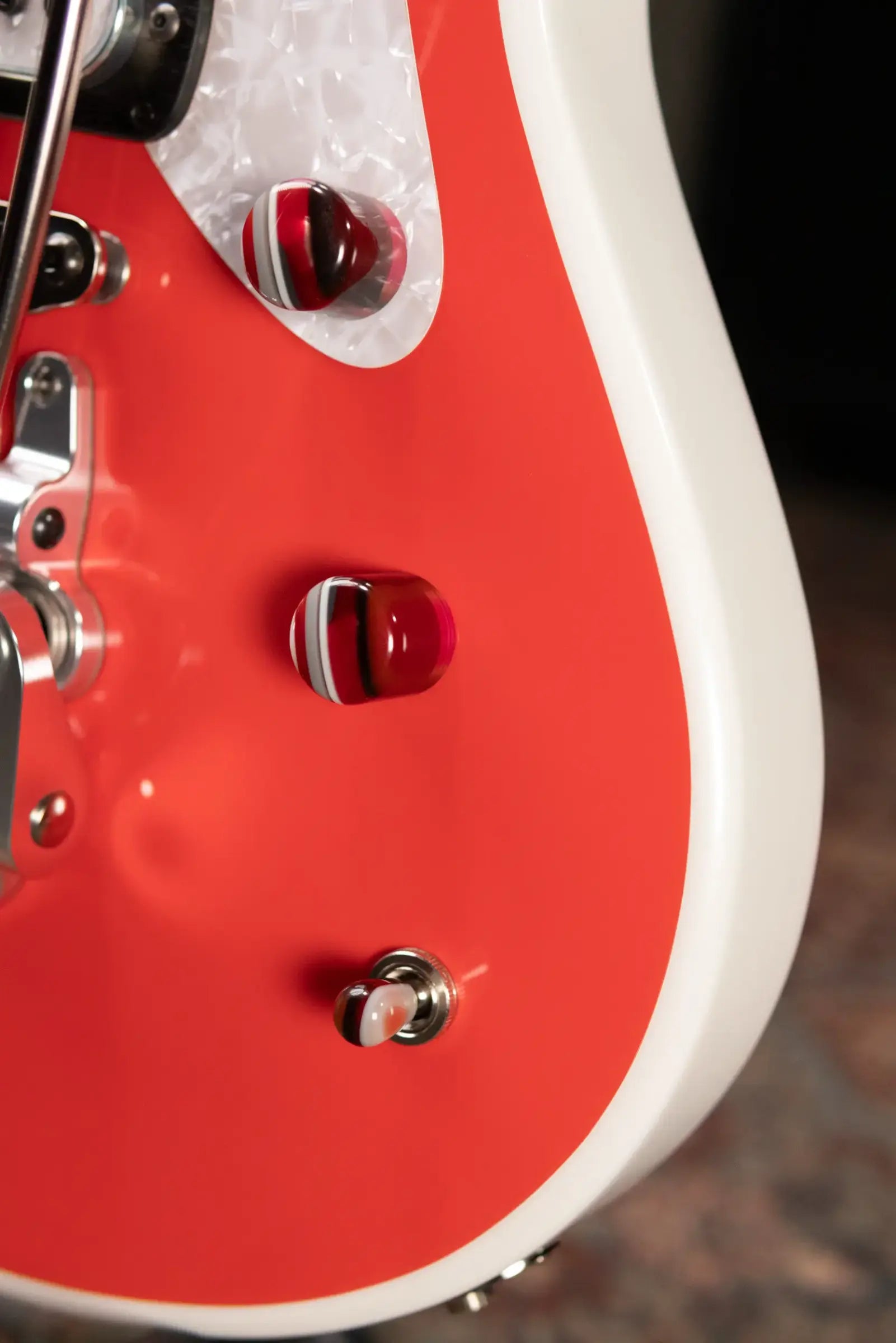 Powers Electric A-Type PF42 Hollow Body Electric Guitar - Geranium Red/Pearl White with Gig Bag