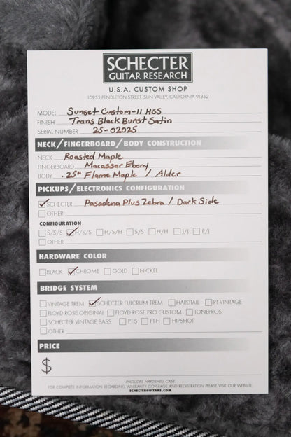 Schecter Custom Shop Sunset Custom HSS Electric Guitar - Satin Transparent Black Burst with Hardshell Case