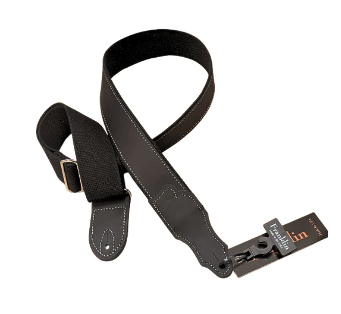 Franklin Straps 2" Black Leather Hybrid Black Cotton Backing Guitar Strap - Chrome Slider