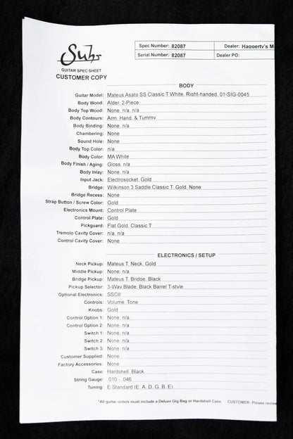 Suhr Mateus Asato Signature Series Classic T Electric Guitar - MA White with Hardshell Case