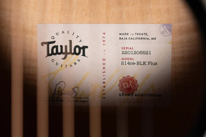 Taylor 214ce-BLK Plus Grand Auditorium Acoustic/Electric Guitar - Black with Aerocase - Factory Demo