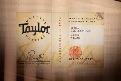 Taylor 612ce Grand Concert Acoustic/Electric Guitar with Hardshell Case - Factory Demo