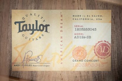 Taylor AD12e-SB American Dream Grand Concert Acoustic/Electric - Sunburst Top with Aerocase - Used