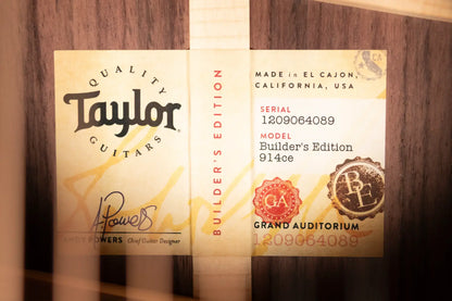 Taylor Builder's Edition 914ce Grand Auditorium Acoustic/Electric Guitar - Wild Honey Burst with Hardshell Case - Floor Demo