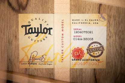 Taylor “Canela” 1 of 20 Custom Shop C14ce 2025 Catch Event #3 Grand Auditorium Acoustic/Electric Guitar - Black Limba/Redwood Hardshell Case