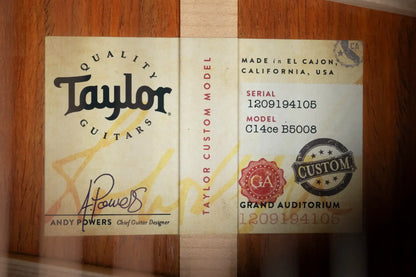 Taylor Custom Shop C14ce Cocobolo/Sinker Redwood Grand Auditorium Acoustic/Electric Guitar with Hardshell Case