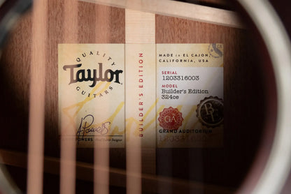 Taylor Next Generation Builder's Edition 324ce Grand Auditorium Acoustic/Electric Guitar - Tobacco Kona Burst with Hardshell Case