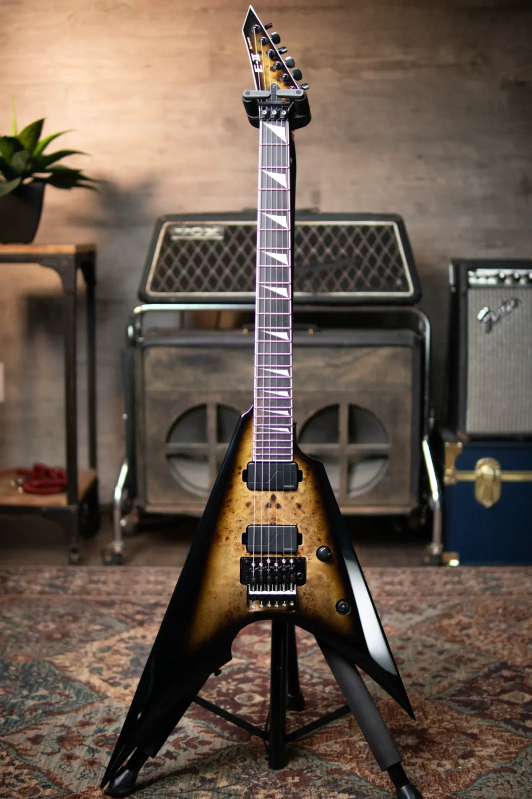 ESP E-II Arrow, Burl Maple - Nebula Black Burst with Hardshell Case