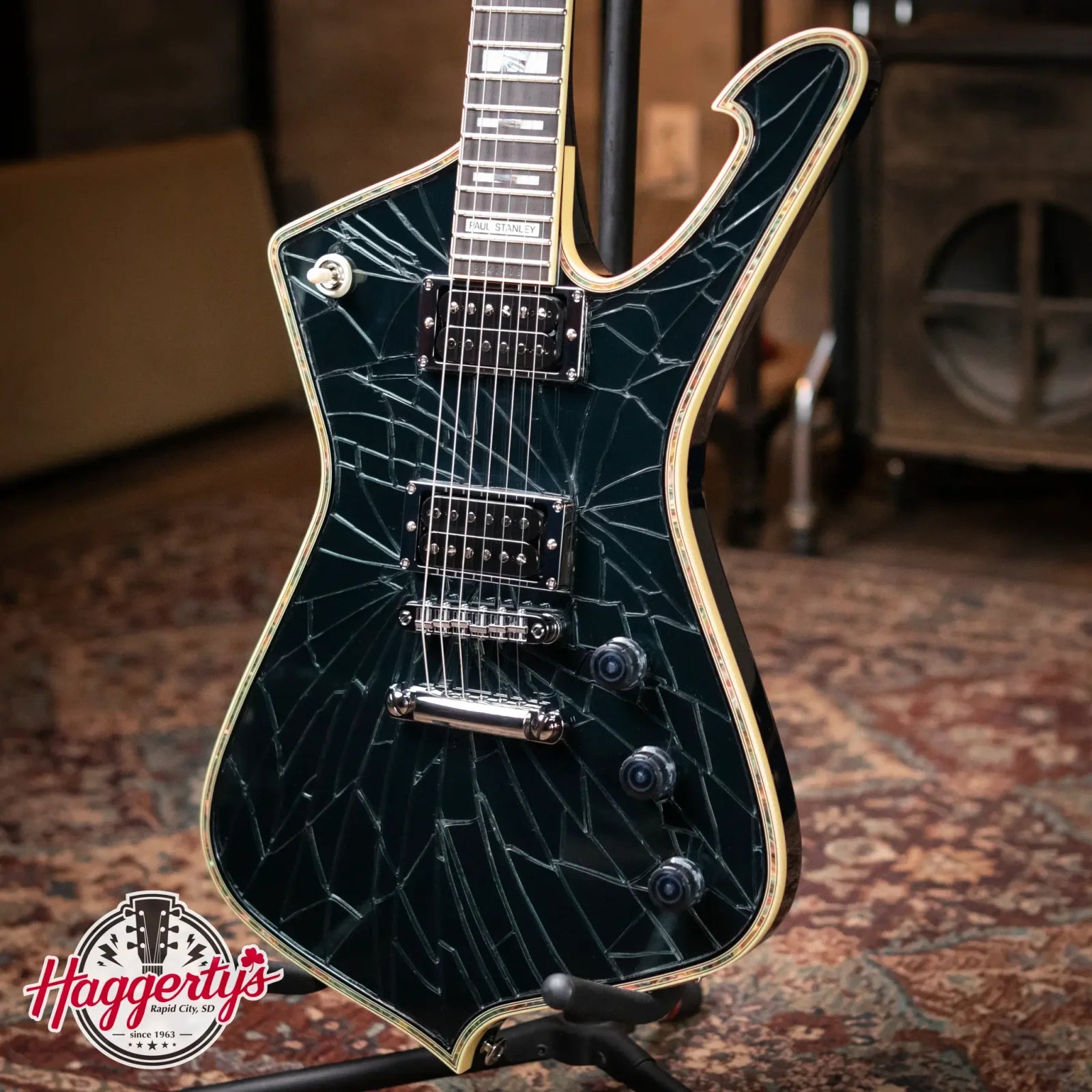 Ibanez PS3CM Paul Stanley Signature Model Electric Guitar - Black with Cracked Mirror Top with Hardshell Case
