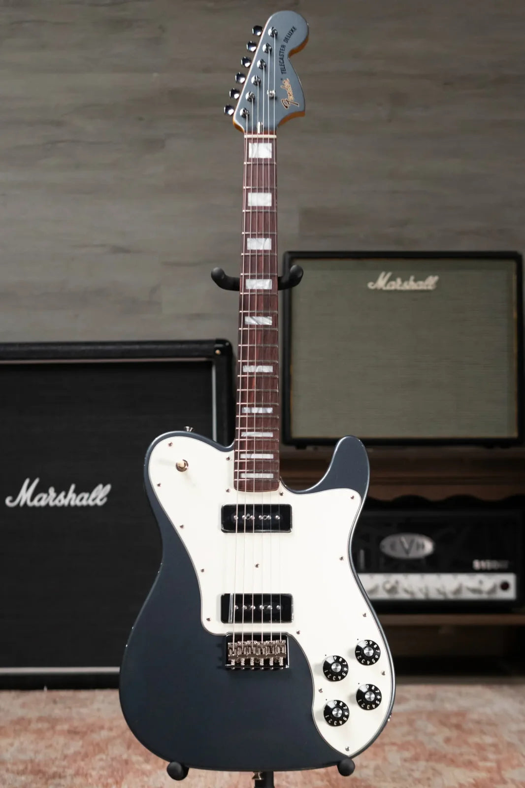 new 8.2 lb Fender Limited Edition Chris Shiflett Cleaver Telecaster Deluxe Charcoal Frost Metallic with Hardshell Case haggertys 02