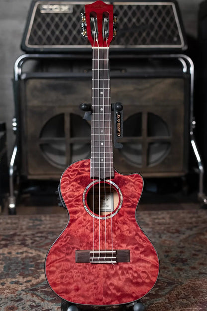 Lanikai QM-RDCET Quilted Maple Red Tenor Ukulele Cutaway w/Electronics & Gig Bag