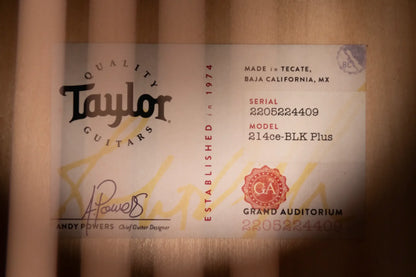 Taylor 214ce-BLK Plus Grand Auditorium Acoustic/Electric with Aerocase - Factory Demo