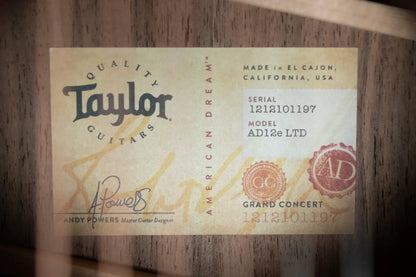 Taylor AD12e-SB Grand Concert Acoustic/Electric - Tobacco Sunburst with Aerocase - Factory Demo