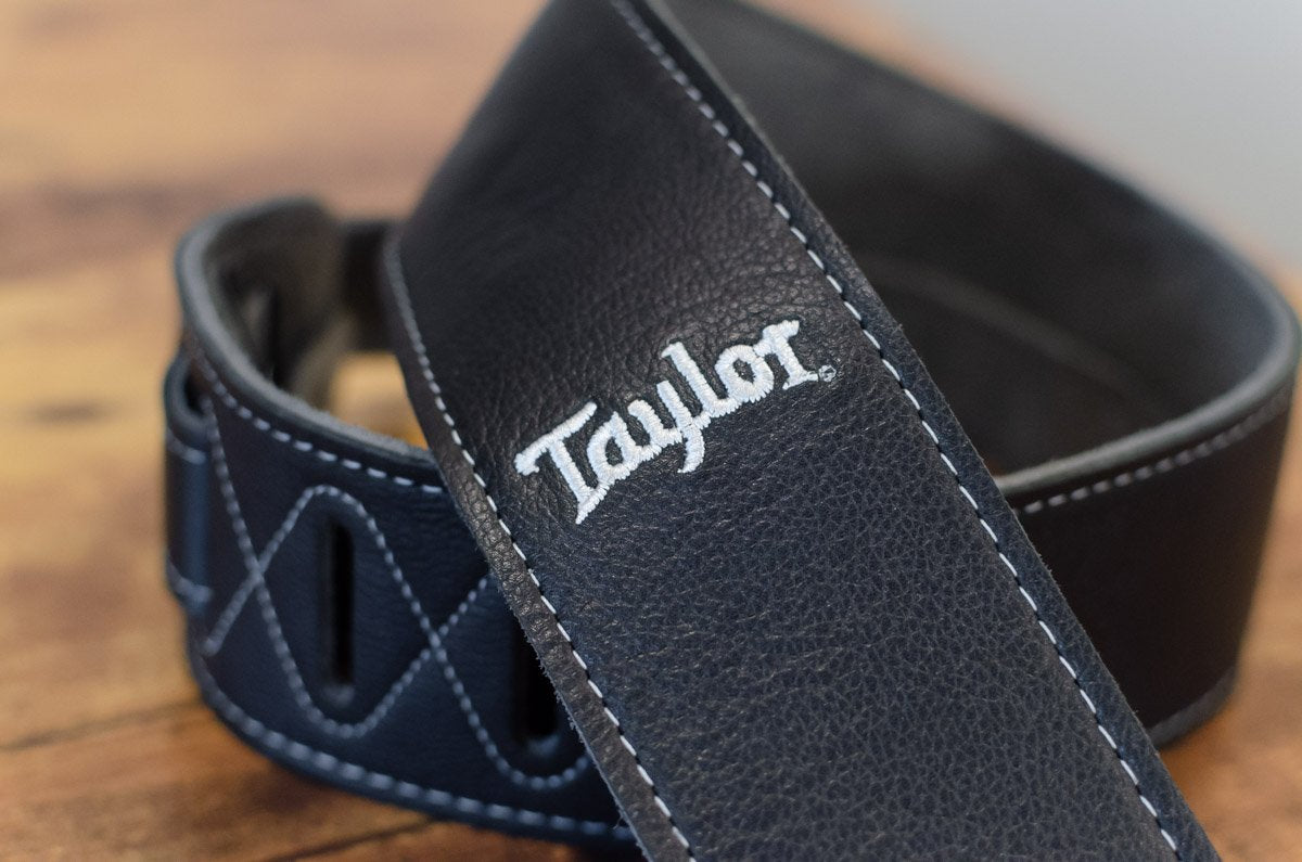 Taylor 2.5" Black Leather Guitar Strap - Black, Suede Back