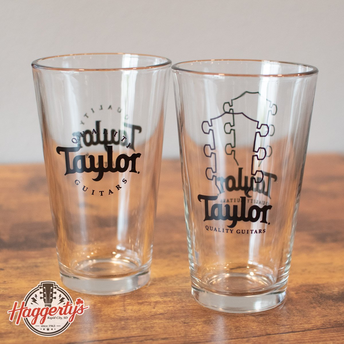 Taylor Pint Glasses - Black Logo, 2-Pack
