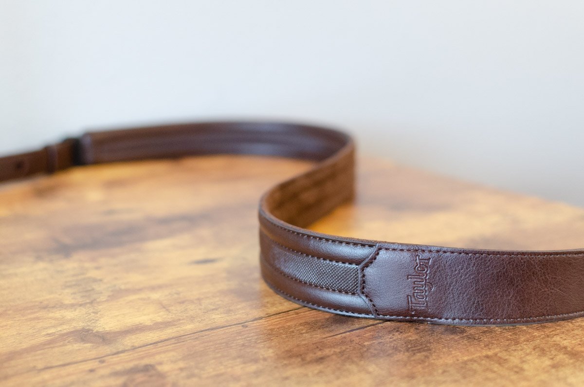 Taylor Slim Vegan Leather Strap, Chocolate Brown Engraving, 1.50", Embossed Logo