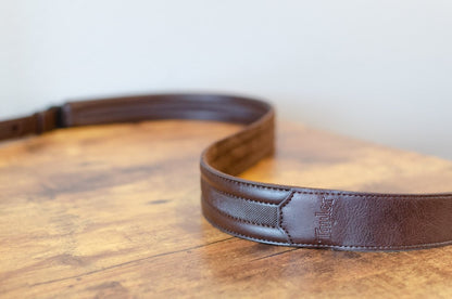 Taylor Slim Vegan Leather Strap, Chocolate Brown Engraving, 1.50", Embossed Logo